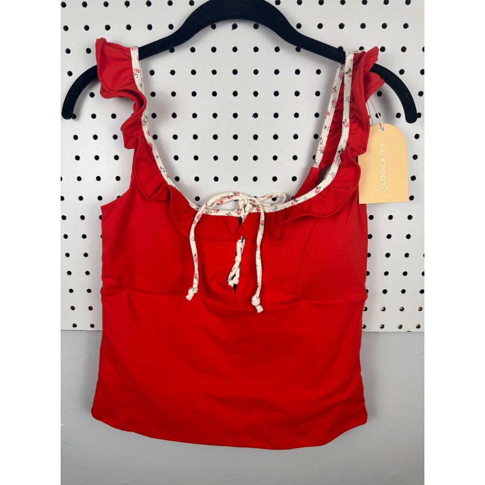 Blogilates for Target Ruffle Lace Up Tank Red Floral Trim Active Top Medium